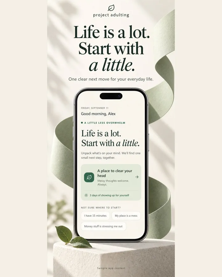 Brain Dump app home screen: Life is a lot. Start with a little.